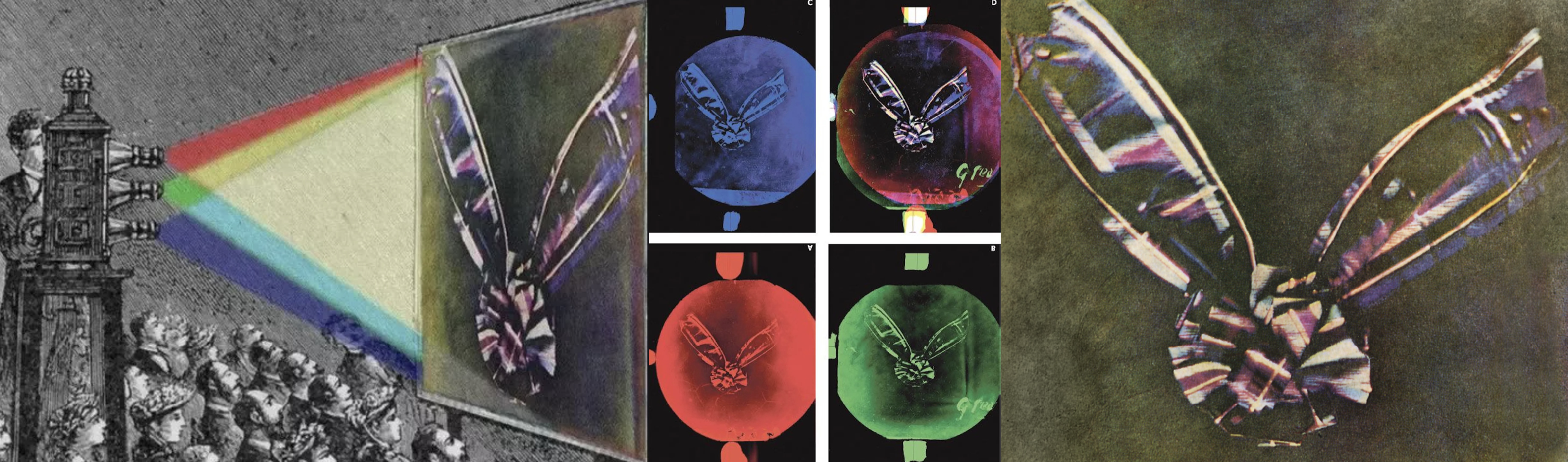 A three-part composite. Left: a period engraving of a triple lantern projecting a fan of colour onto a screen before an audience. Centre: the four projected records — the bow of ribbon shot through blue, red, and green filters, plus the recombined result. Right: the reconstructed colour photograph of the tartan ribbon, a bow in muted plaid.
